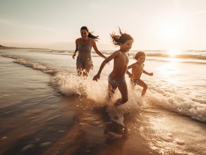 famiglia che gioca e si diverte al mare