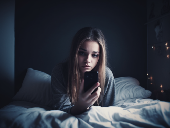 Adolescente depressa con smartphone tra le mani