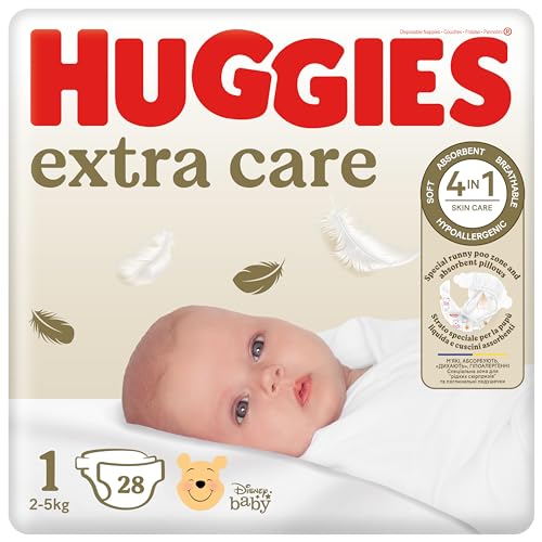 Huggies Extra Care Bebè, Pannolini Taglia 1 (2-5Kg), Ipoallergenico, Design Winnie The Pooh, 28 Pz