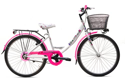 MADICKS Bicicletta Bambina Ragazza da Passeggio Misura 24 Bici con Cestino Floreale Bianco Rosa Fluo