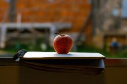 Libri e quaderno aperti accanto a una finestra neutra, simbolo di scuola in ospedale