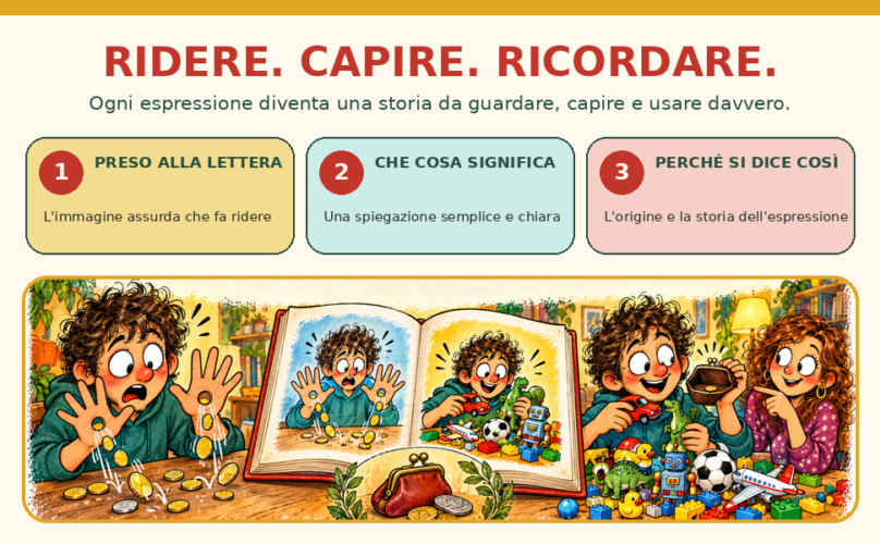 Schema illustrato del libro: prendere alla lettera il modo di dire, capirne il significato e scoprire perch&eacute; si dice cos&igrave;.