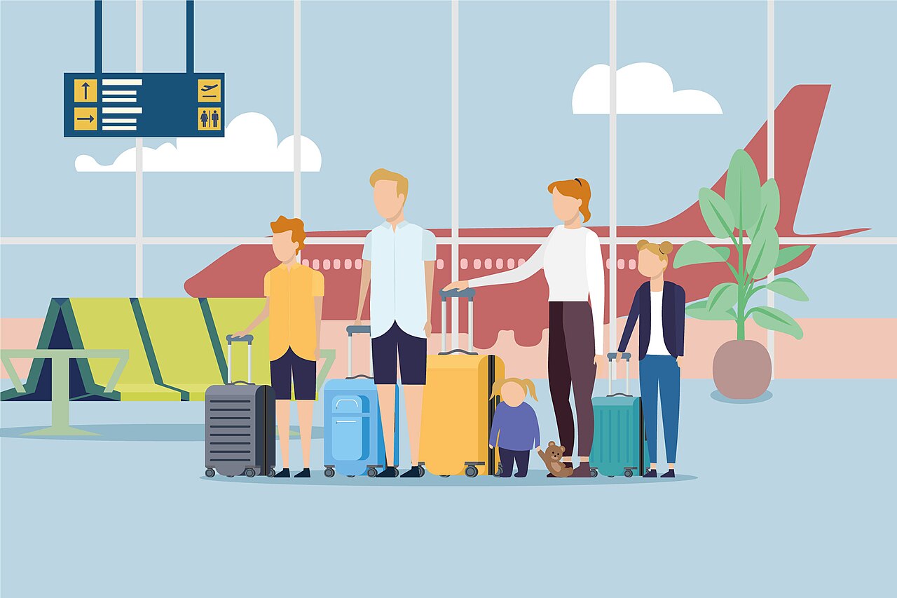 Illustrazione di una famiglia con bambini e valigie in attesa del volo in aeroporto