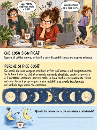 Pagina illustrata che spiega il significato di avere la luna storta e propone un&rsquo;attivit&agrave; al lettore.