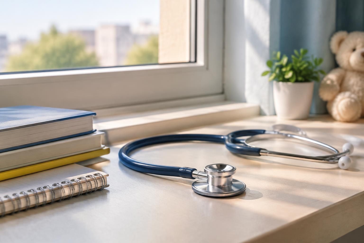 Libri, quaderno e stetoscopio su un tavolo vicino a una finestra in ambiente neutro