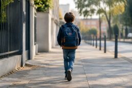 Bambino con lo zaino cammina sul marciapiede in un ambiente urbano