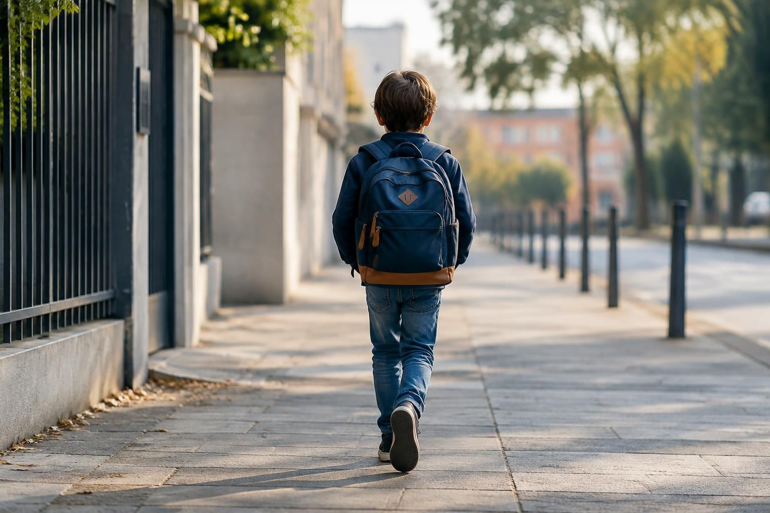 Bambino con lo zaino cammina sul marciapiede in un ambiente urbano