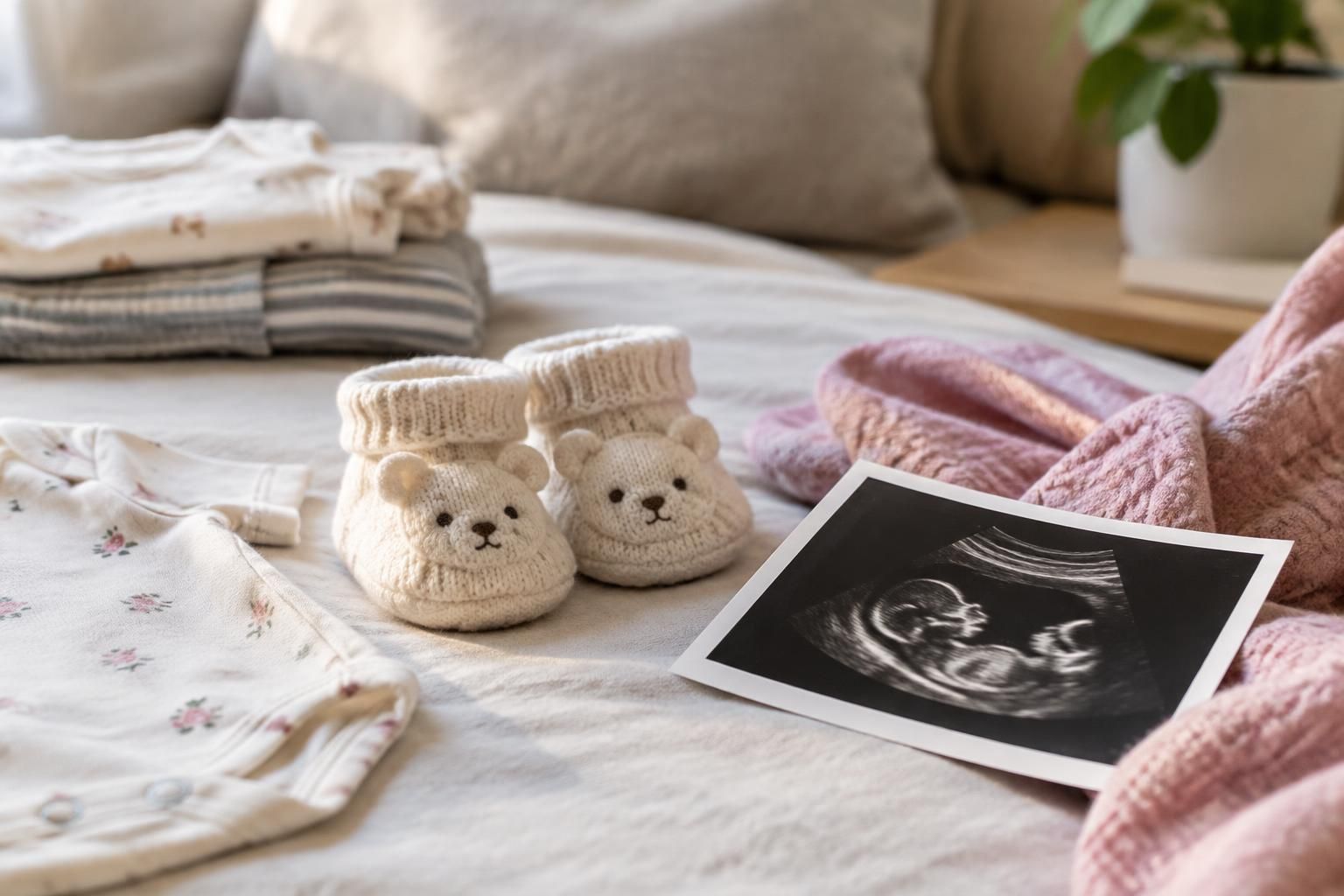 Scarpine neonato bianche a forma di orsetto con ecografia su letto, vestitini per neonato
