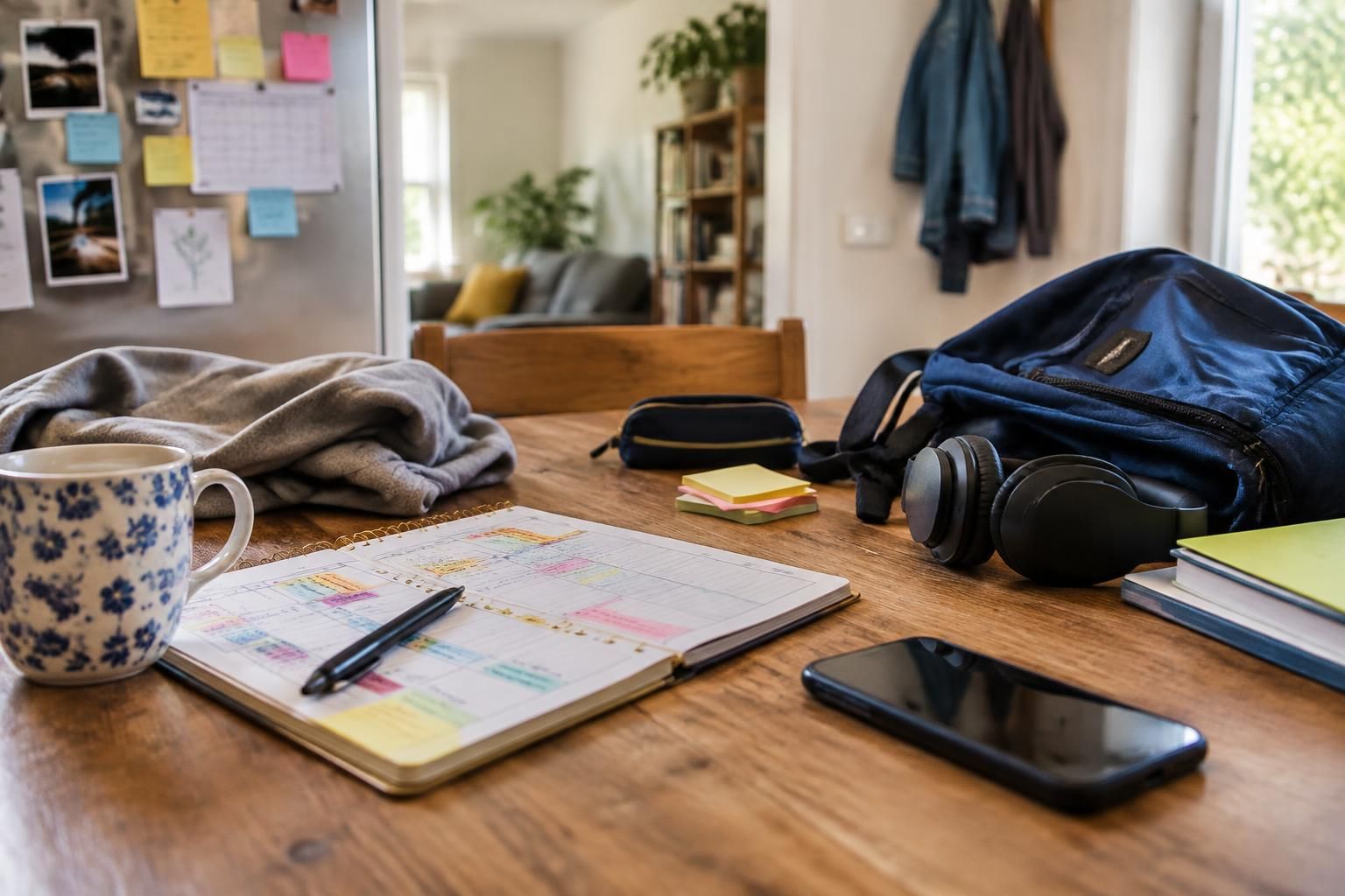 Tavolo con agenda settimanale, penna, cuffie, zaino e smartphone, simbolo di organizzazione familiare
