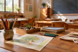 Dettaglio di banco scolastico con colori, disegni e materiali naturali in aula vuota