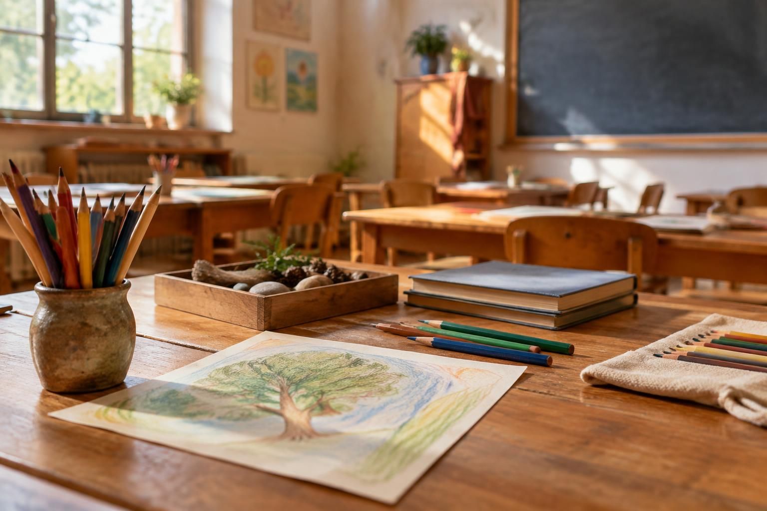 Dettaglio di banco scolastico con colori, disegni e materiali naturali in aula vuota