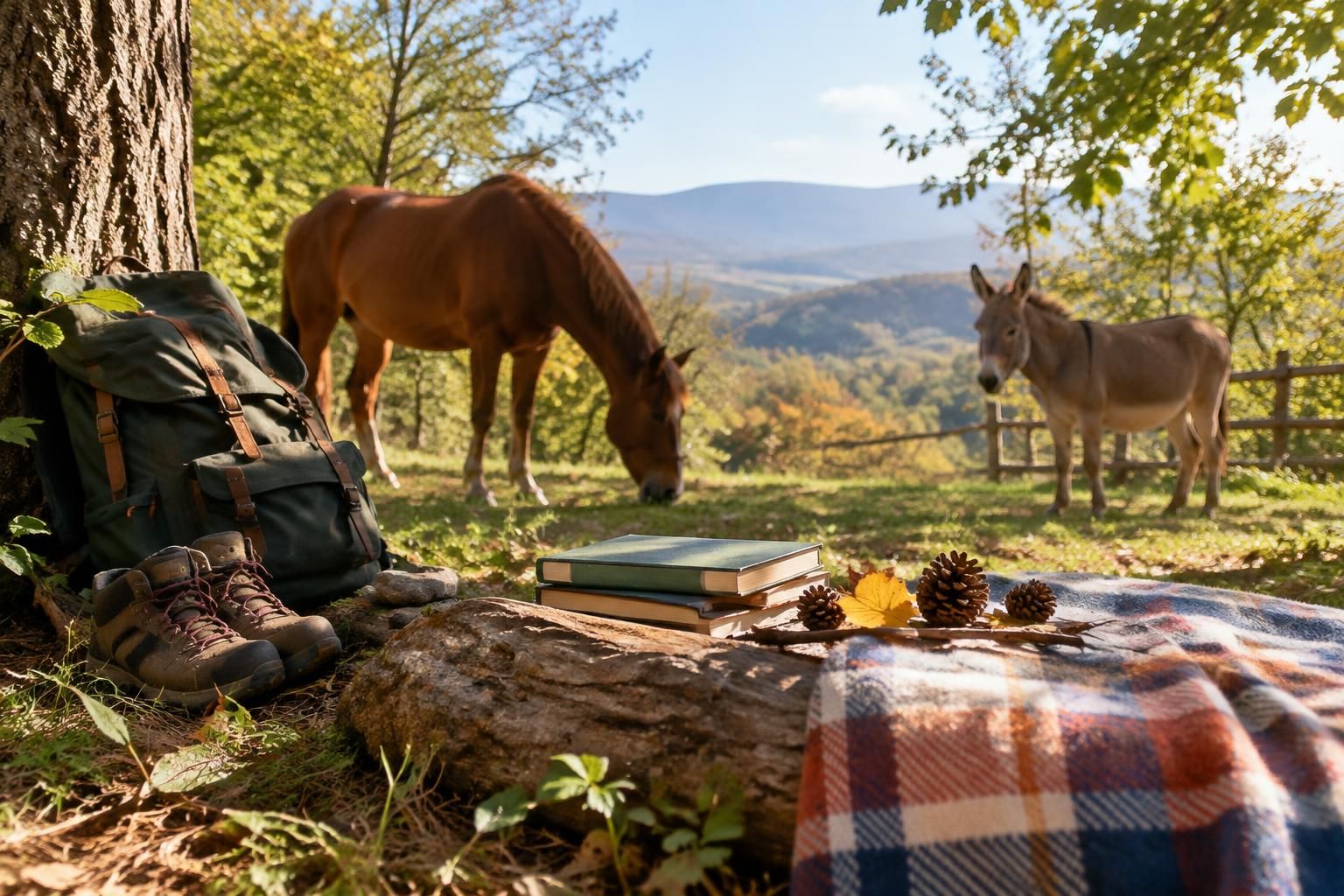 Prato nel bosco con cavallo, asino, libri, zaino e plaid, atmosfera calma e naturale