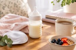Biberon di latte materno su tavolo con cibo sano, tazza e panni morbidi