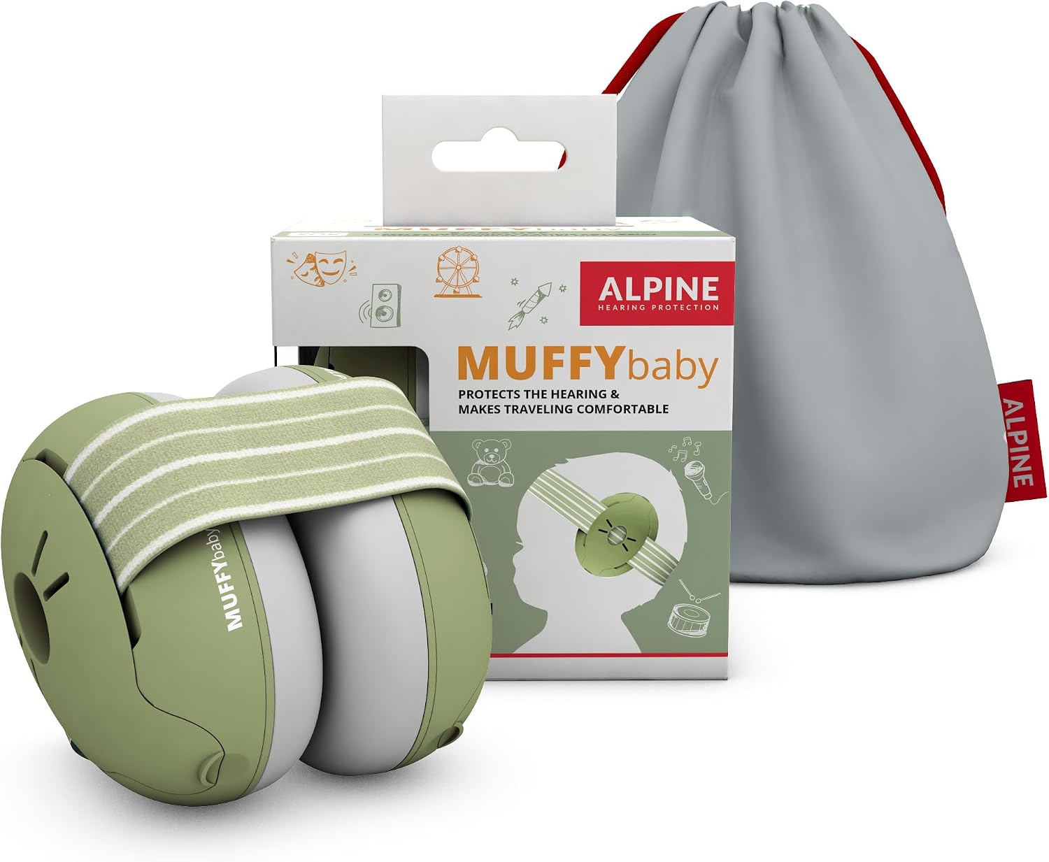 Cuffie antirumore per neonati Alpine Muffy Baby verdi con confezione