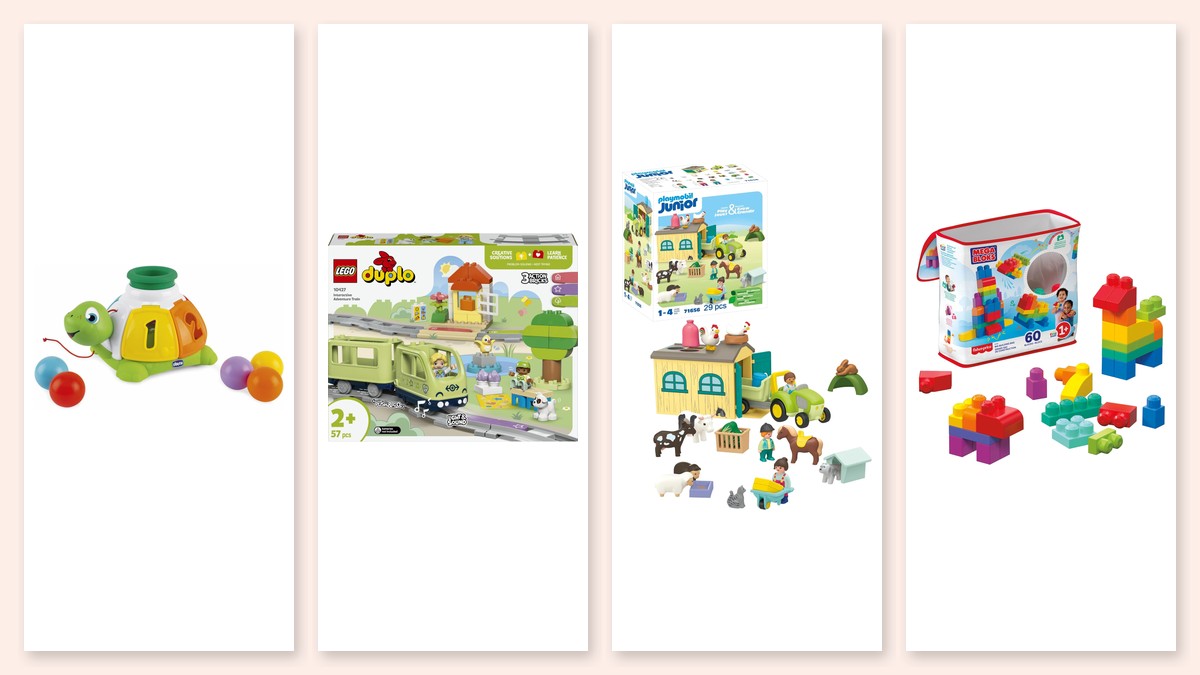 Idee regalo di Natale per bambini da 0 a 3 anni: tartaruga Chicco, treno LEGO DUPLO, fattoria Playmobil Junior e blocchi Mega Bloks